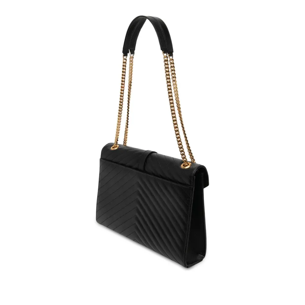 Saint Laurent Large Chevron Grain de Poudre Monogram Envelope Bag Black Leather Very good - Back View