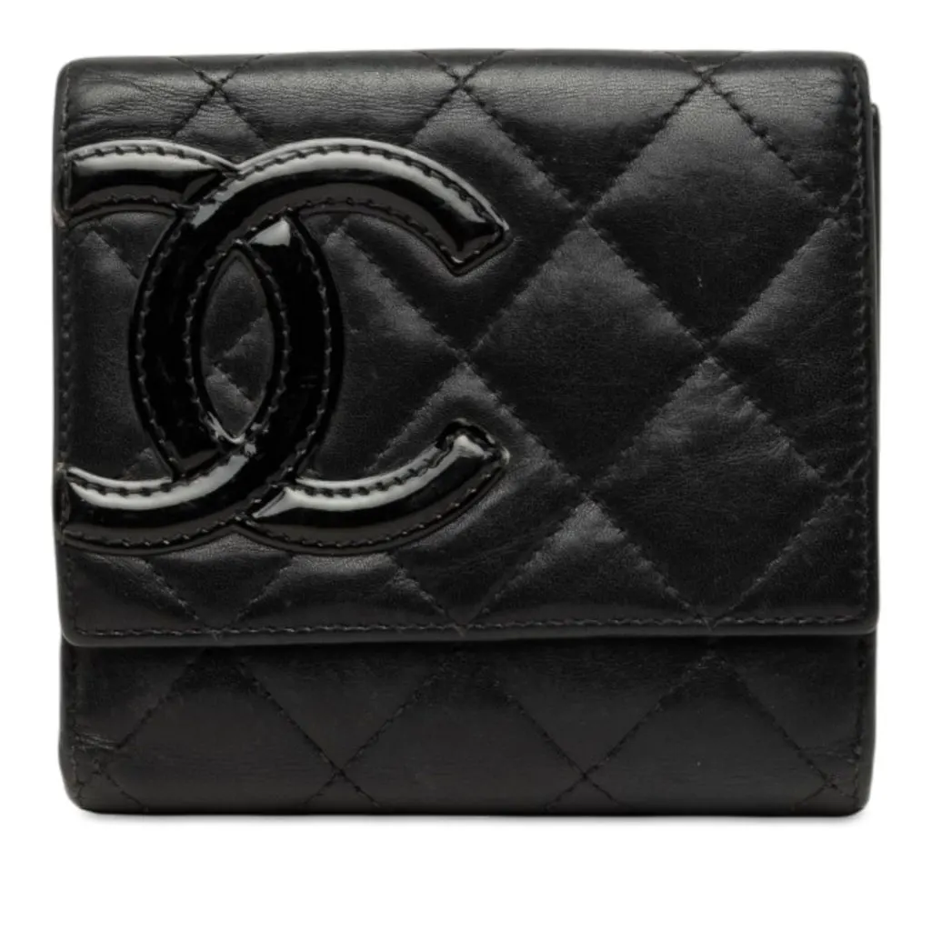 Chanel CC Quilted Lambskin Cambon Ligne Flap Small Wallet Black Leather Very good - Front View