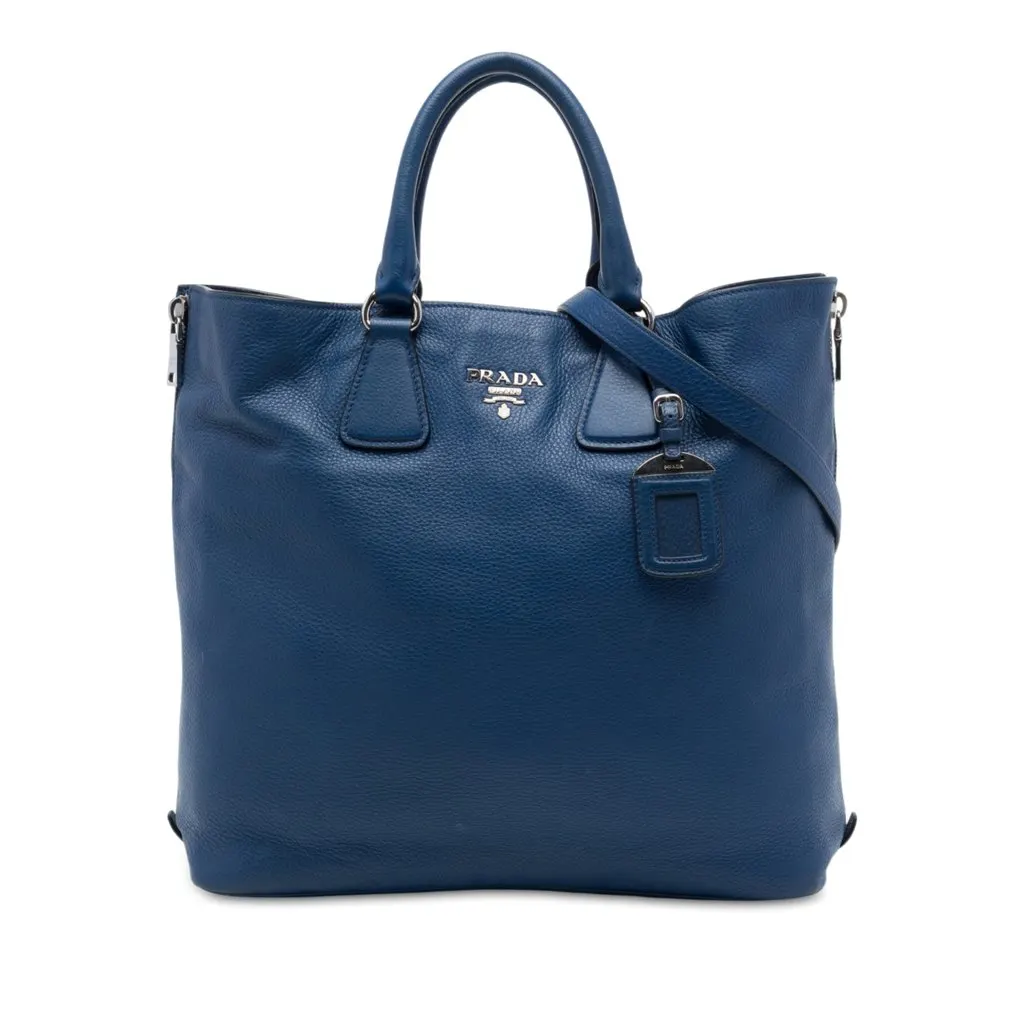 Prada Vitello Daino Side Zip Open Convertible Tote Blue Leather Very good - Front View