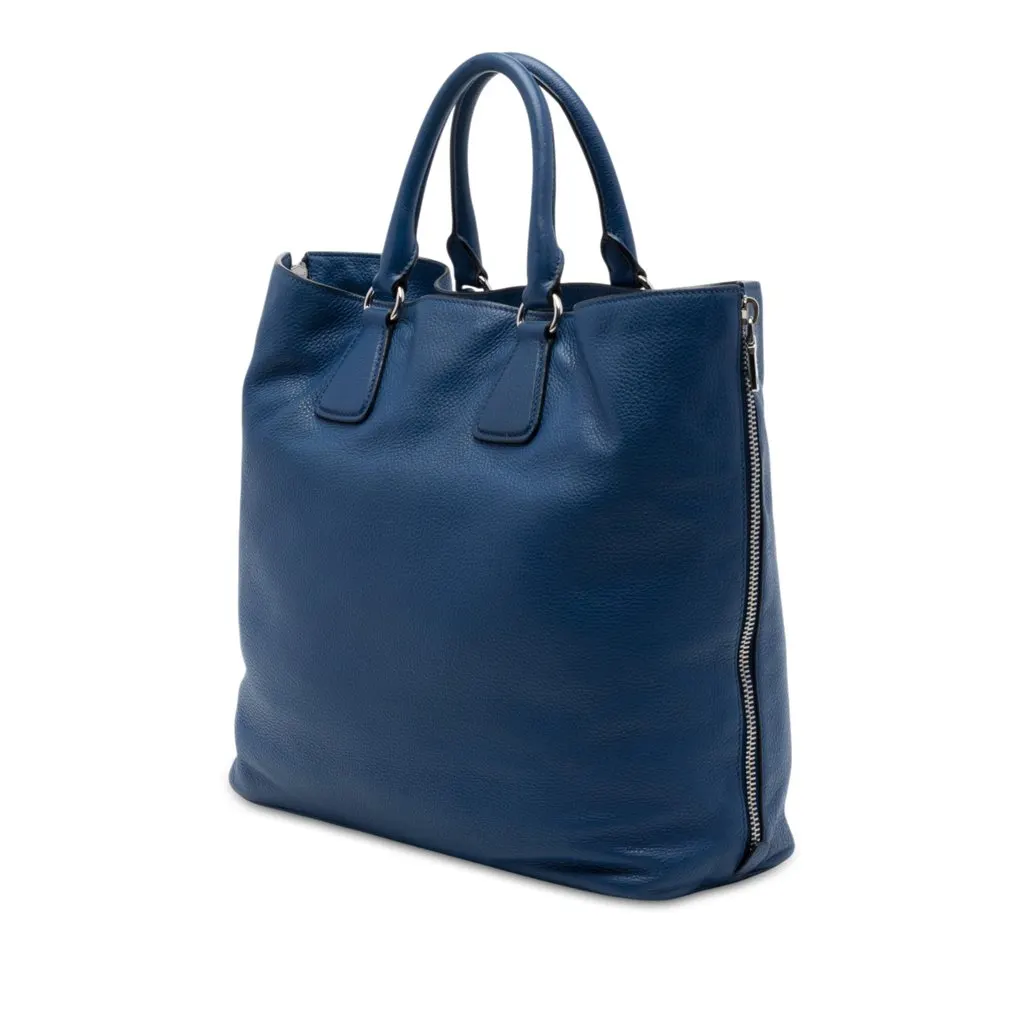 Prada Vitello Daino Side Zip Open Convertible Tote Blue Leather Very good - Back View