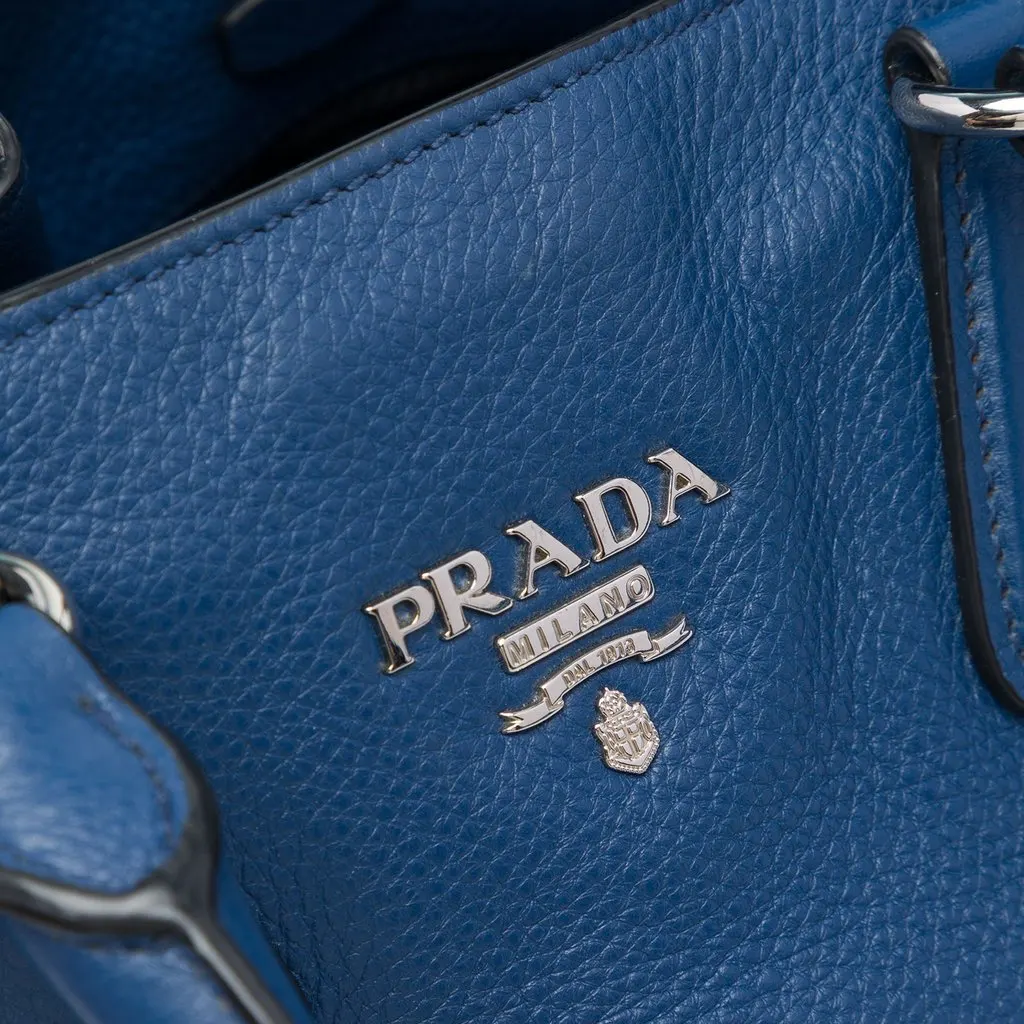 Prada Vitello Daino Side Zip Open Convertible Tote Blue Leather Very good - Box View