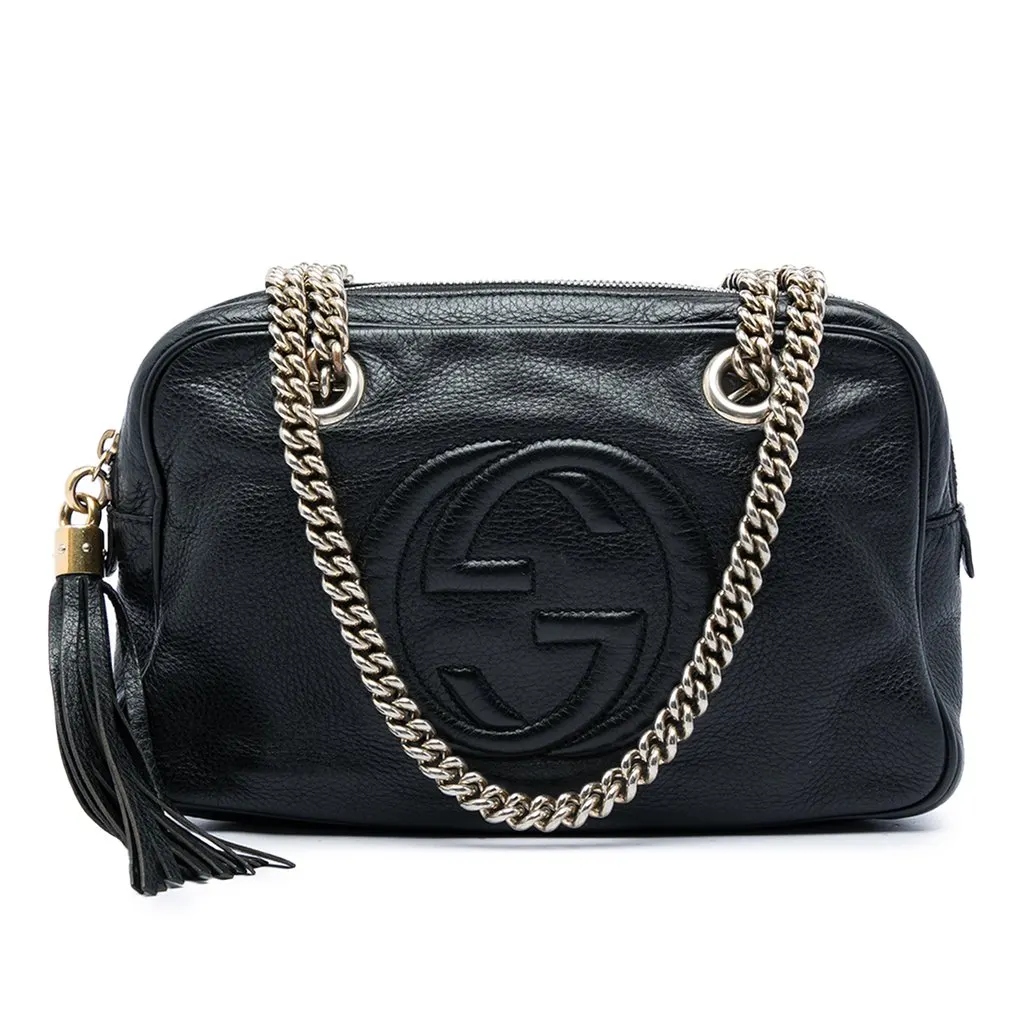 Gucci Pebbled Calfskin Soho Chain Zip Shoulder Bag Black Leather Very good - Front View