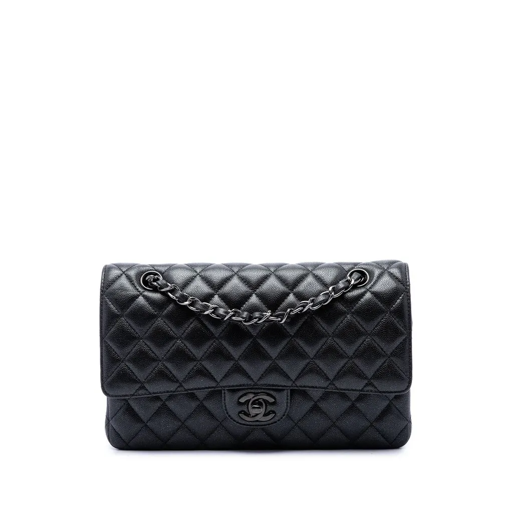 Chanel Medium Classic Caviar Glitter Double Flap Black Leather Very good - Front View