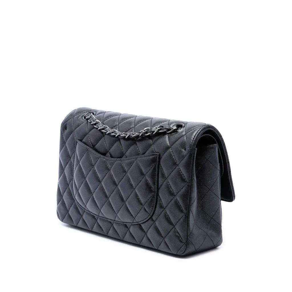 Chanel Medium Classic Caviar Glitter Double Flap Black Leather Very good - Back View