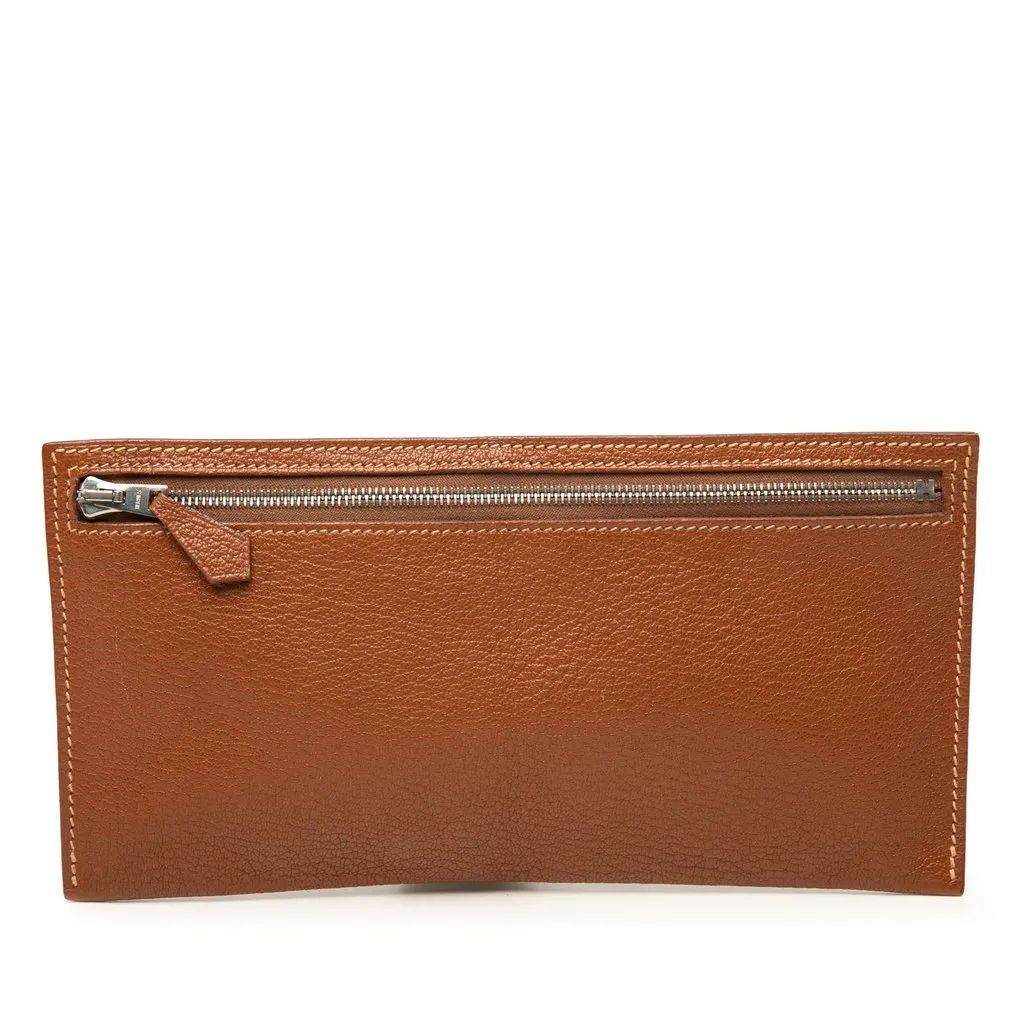 Hermès Chevre Mysore Slim Pouch Brown Leather Very good - Front View