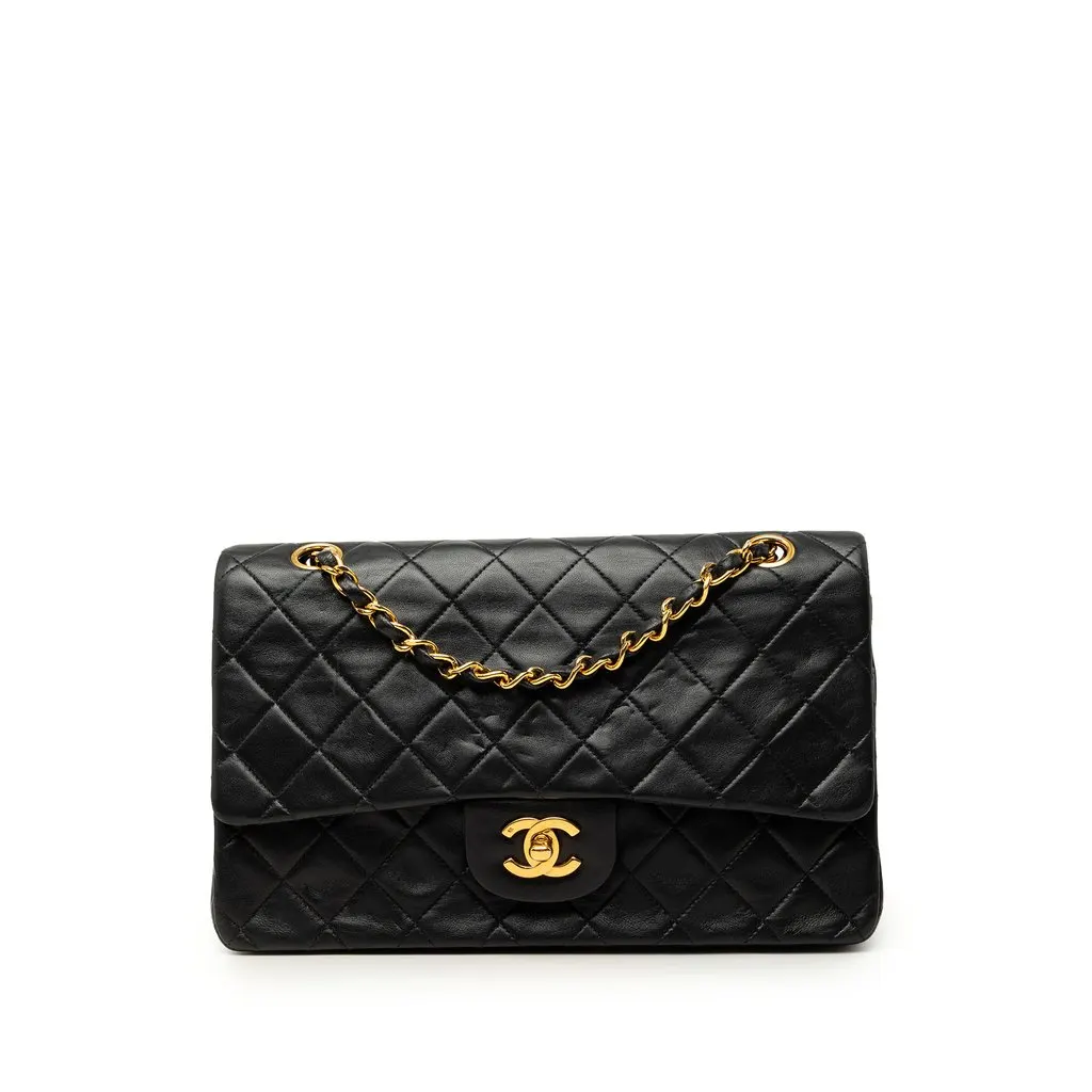 Chanel Medium Classic Lambskin Double Flap Black Leather Good - Front View