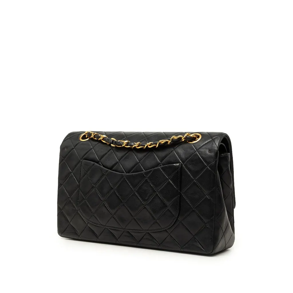 Chanel Medium Classic Lambskin Double Flap Black Leather Good - Back View