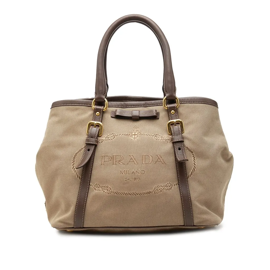 Prada Canvas Canapa Logo Bow Satchel Beige Canvas Very good - Front View
