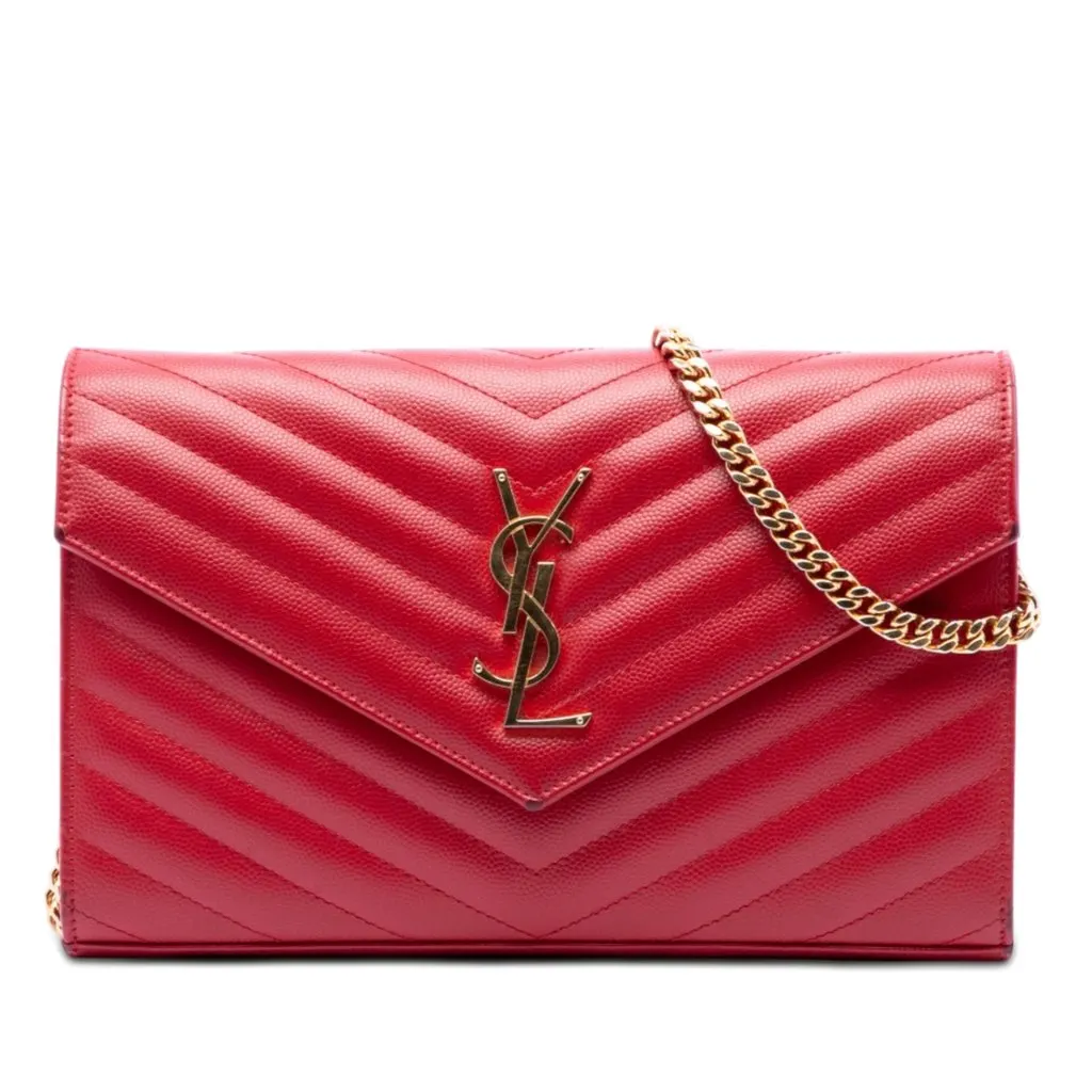 Saint Laurent Grain De Poudre Cassandre Envelope Chain Wallet Red Leather Very good - Front View
