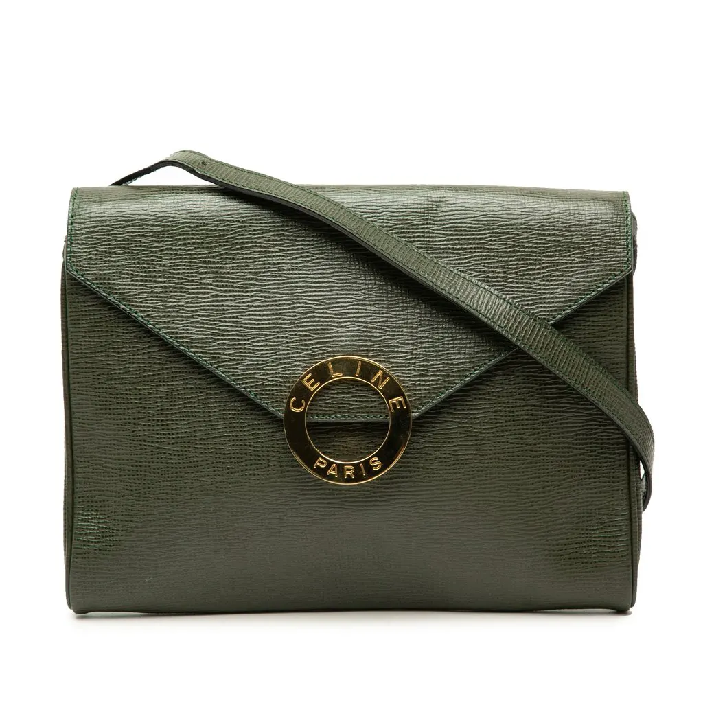 Celine Calfskin Circle Logo Envelope Flap Crossbody Green Leather Very good - Front View