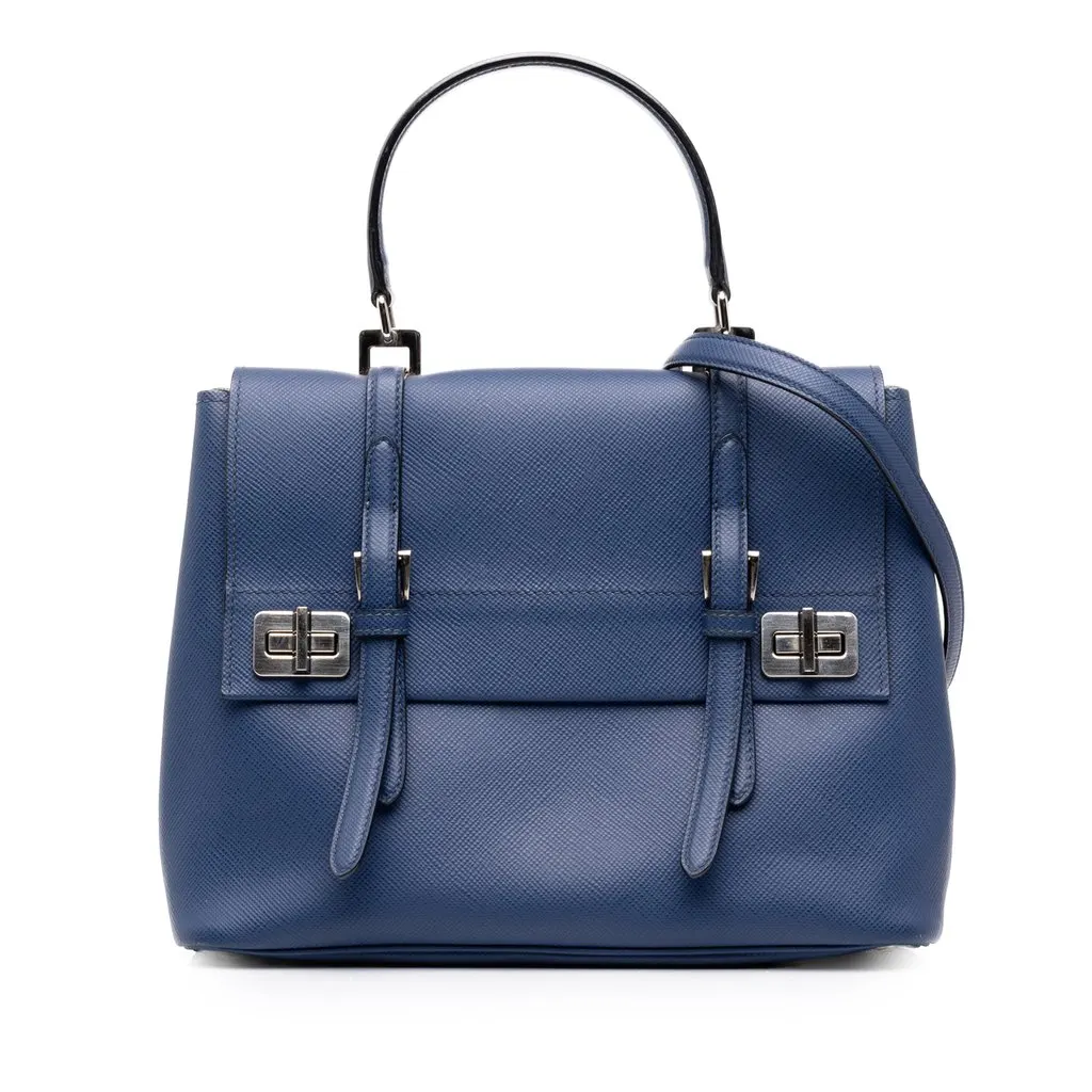 Prada Medium Saffiano Cuir Double Turnlock Satchel Blue Leather Very good - Front View