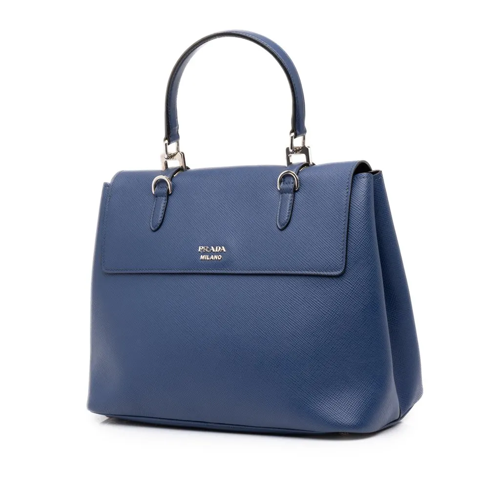 Prada Medium Saffiano Cuir Double Turnlock Satchel Blue Leather Very good - Back View