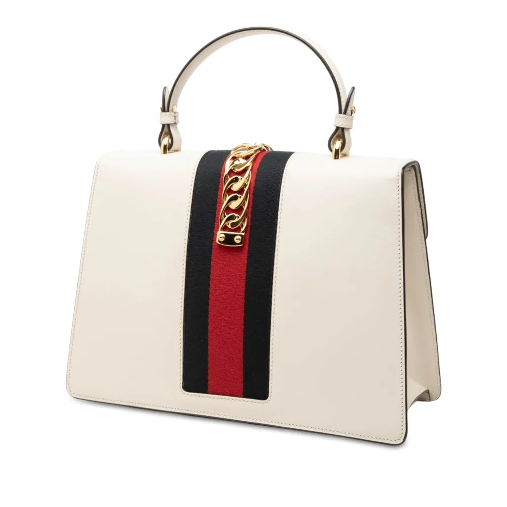 Gucci Medium Calfskin Web Sylvie Top Handle Bag White Leather Very good - Back View