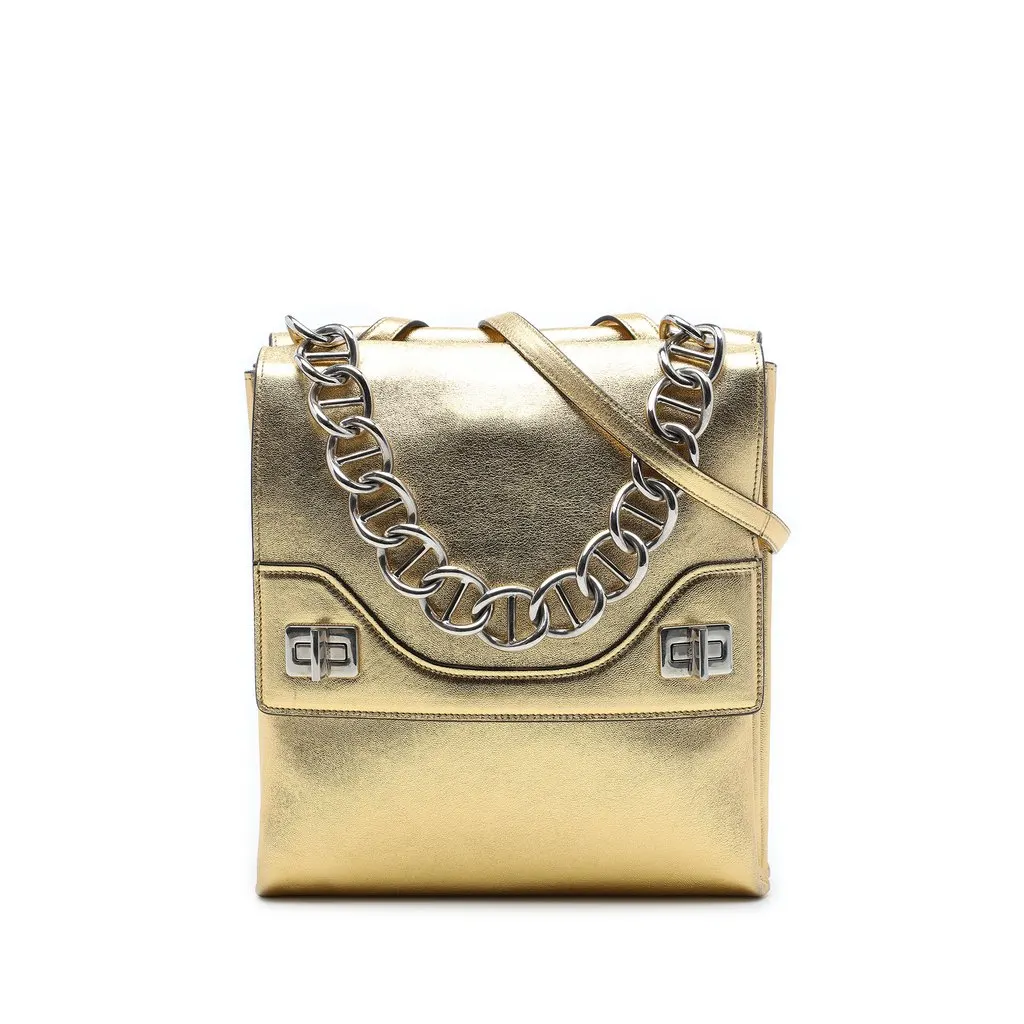 Prada Metallic Leather Double Flap Turn Lock Satchel Gold Leather Very good - Front View
