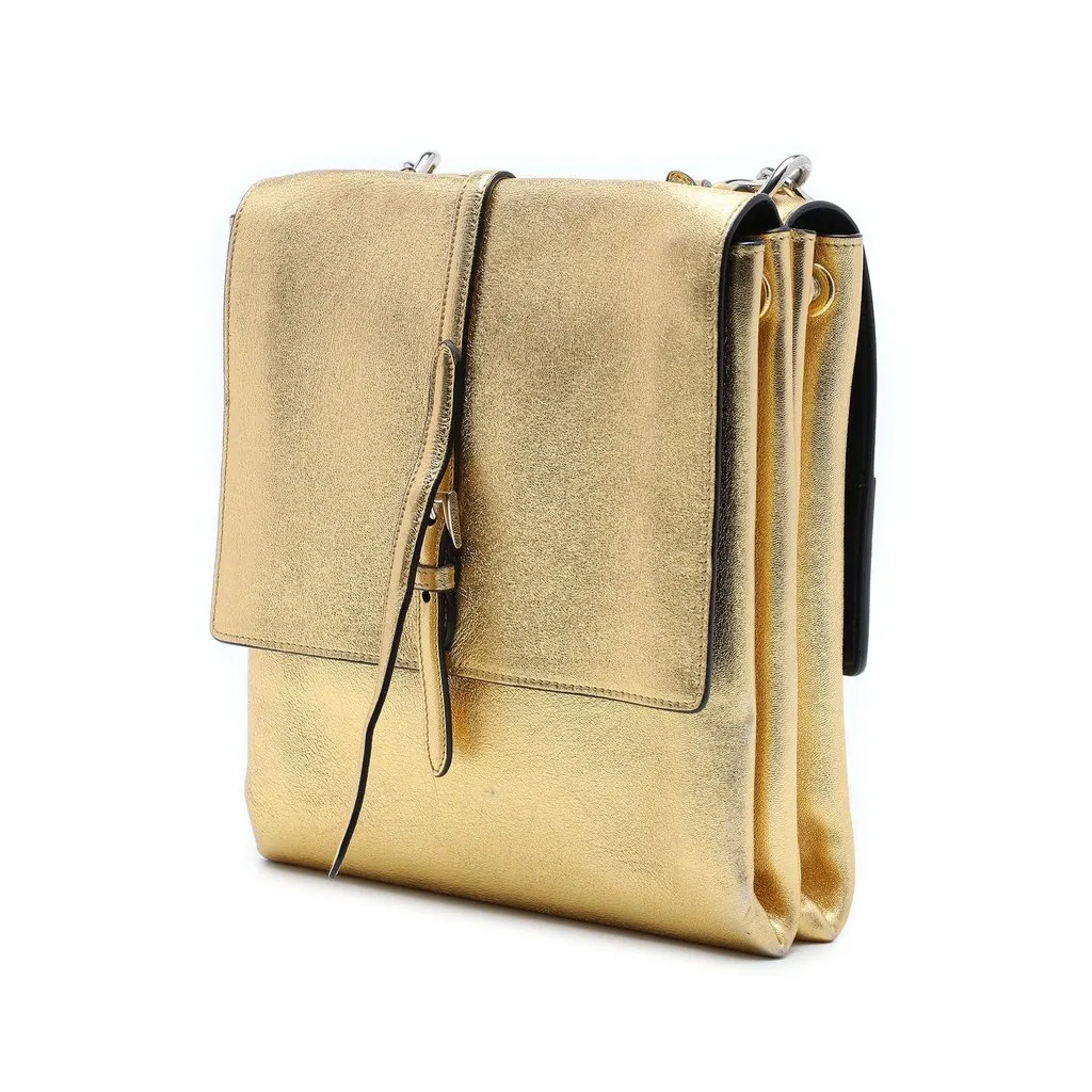 Prada Metallic Leather Double Flap Turn Lock Satchel Gold Leather Very good - Back View