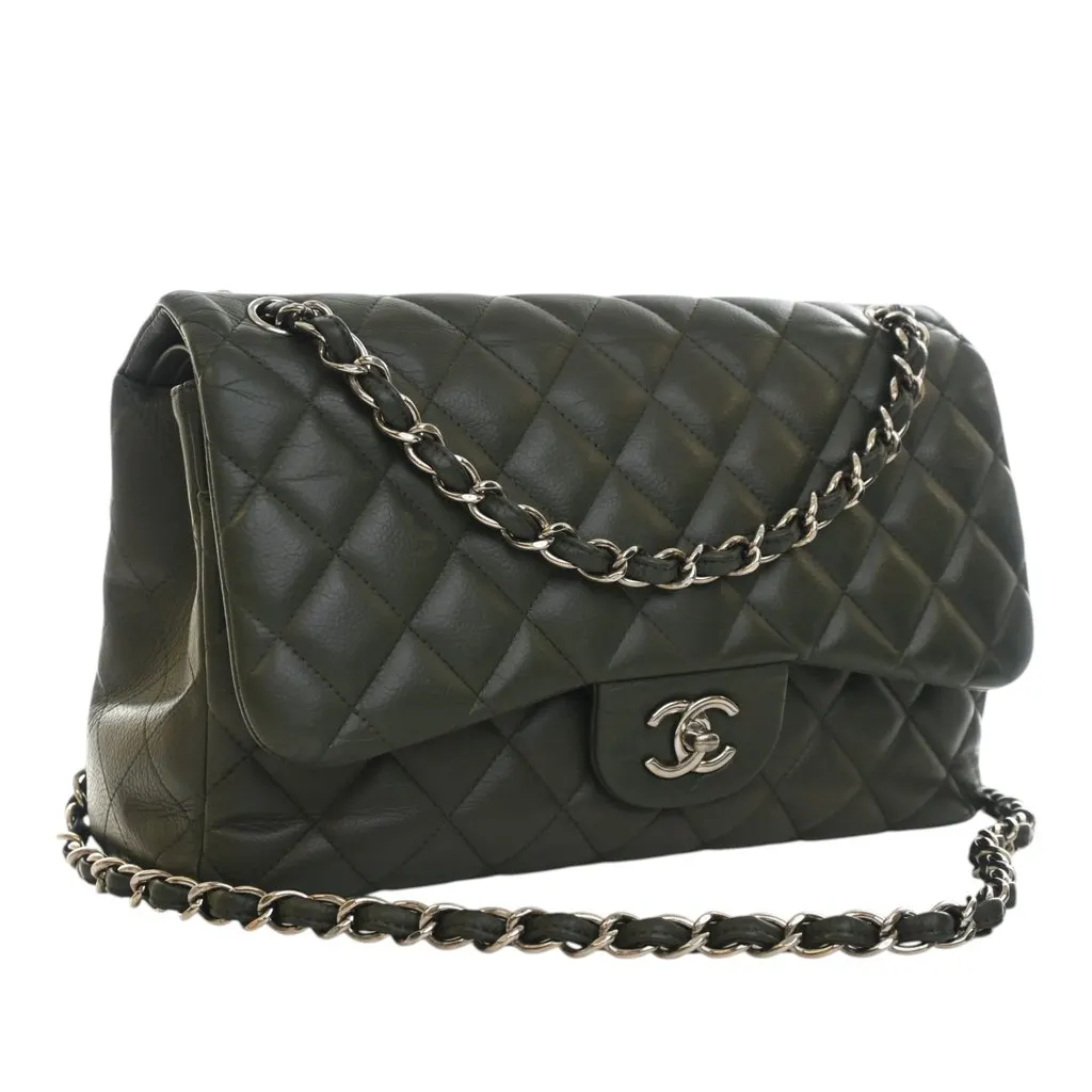 Chanel Jumbo Classic Caviar Double Flap Green Leather Very good - Back View