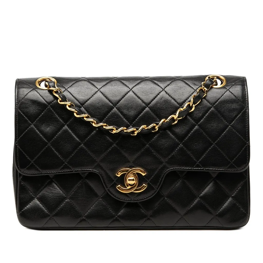 Chanel Small CC Quilted Lambskin Double Flap Black Leather Good - Front View