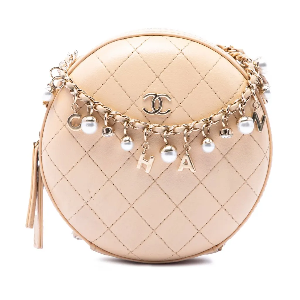 Chanel Stitched Calfskin Logo Strass and Pearl Chain Round Crossbody Beige Leather Very good - Front View