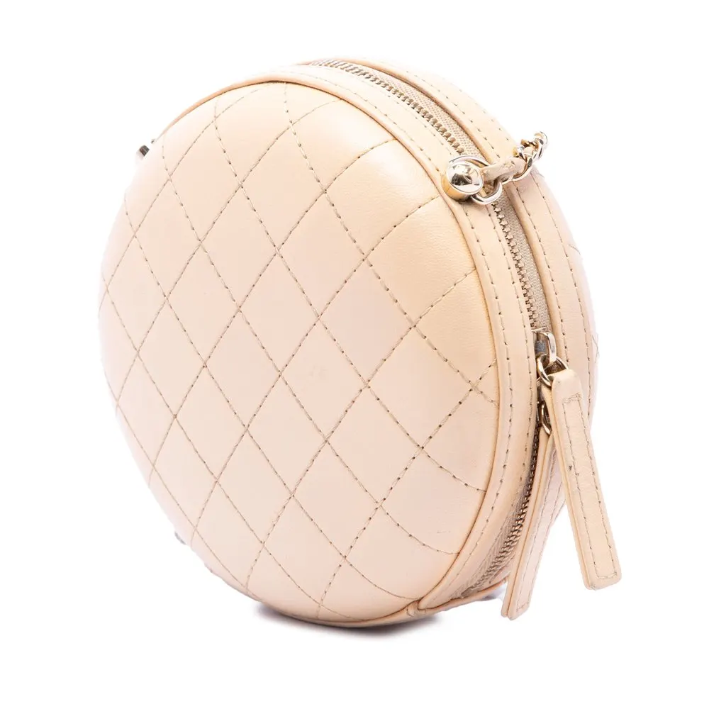 Chanel Stitched Calfskin Logo Strass and Pearl Chain Round Crossbody Beige Leather Very good - Back View