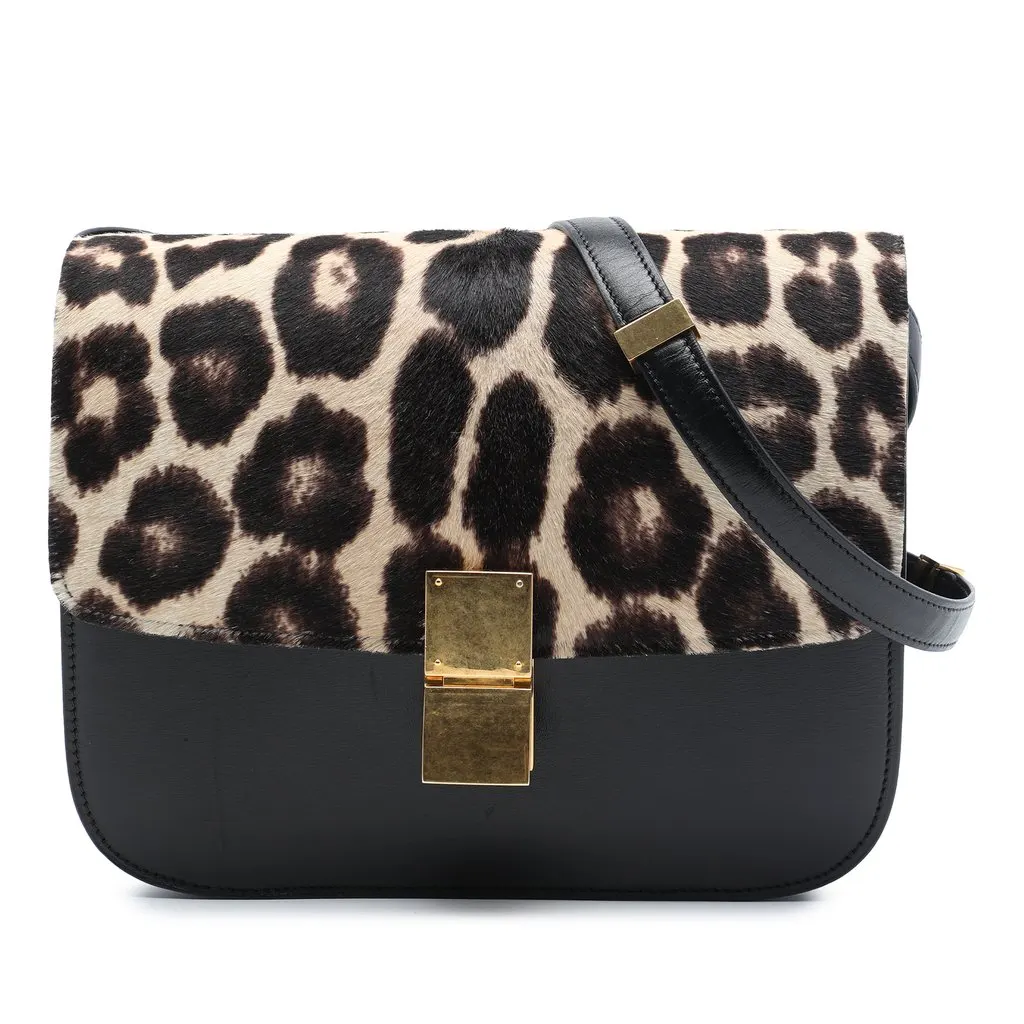 Celine Medium Calfskin and Leopard Print Pony Hair Classic Box Black Leather Very good - Front View