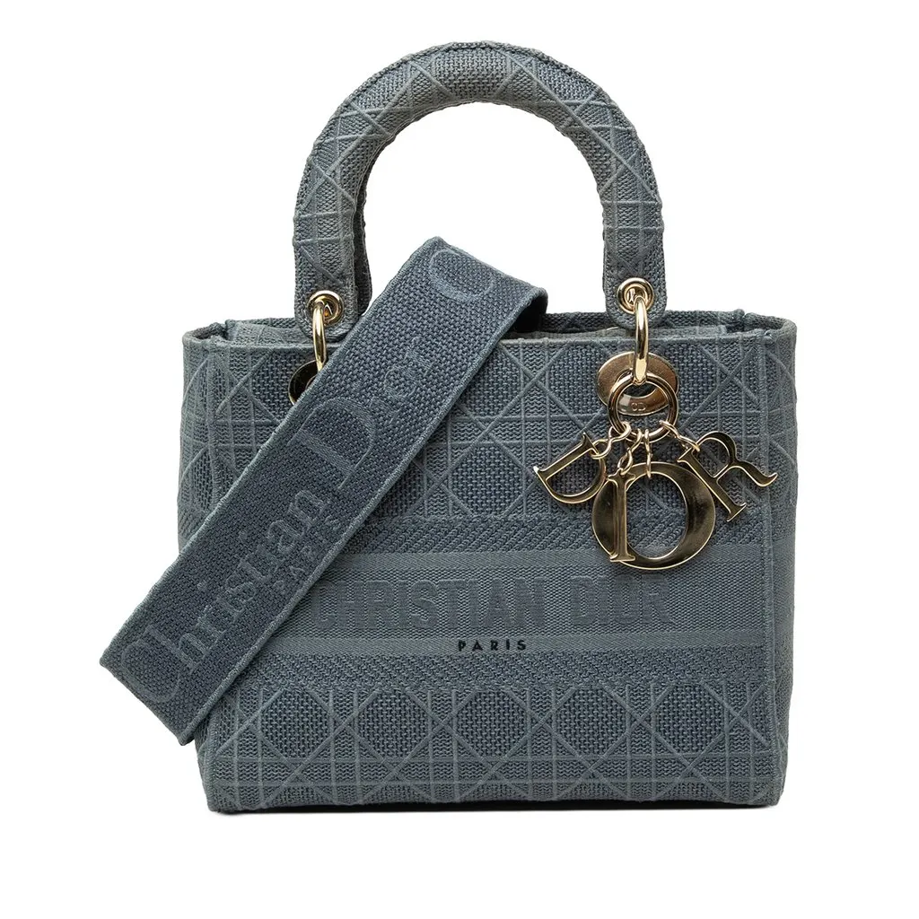 Dior Medium Embroidered Canvas Cannage Lady D Lite Blue Canvas Very good - Front View