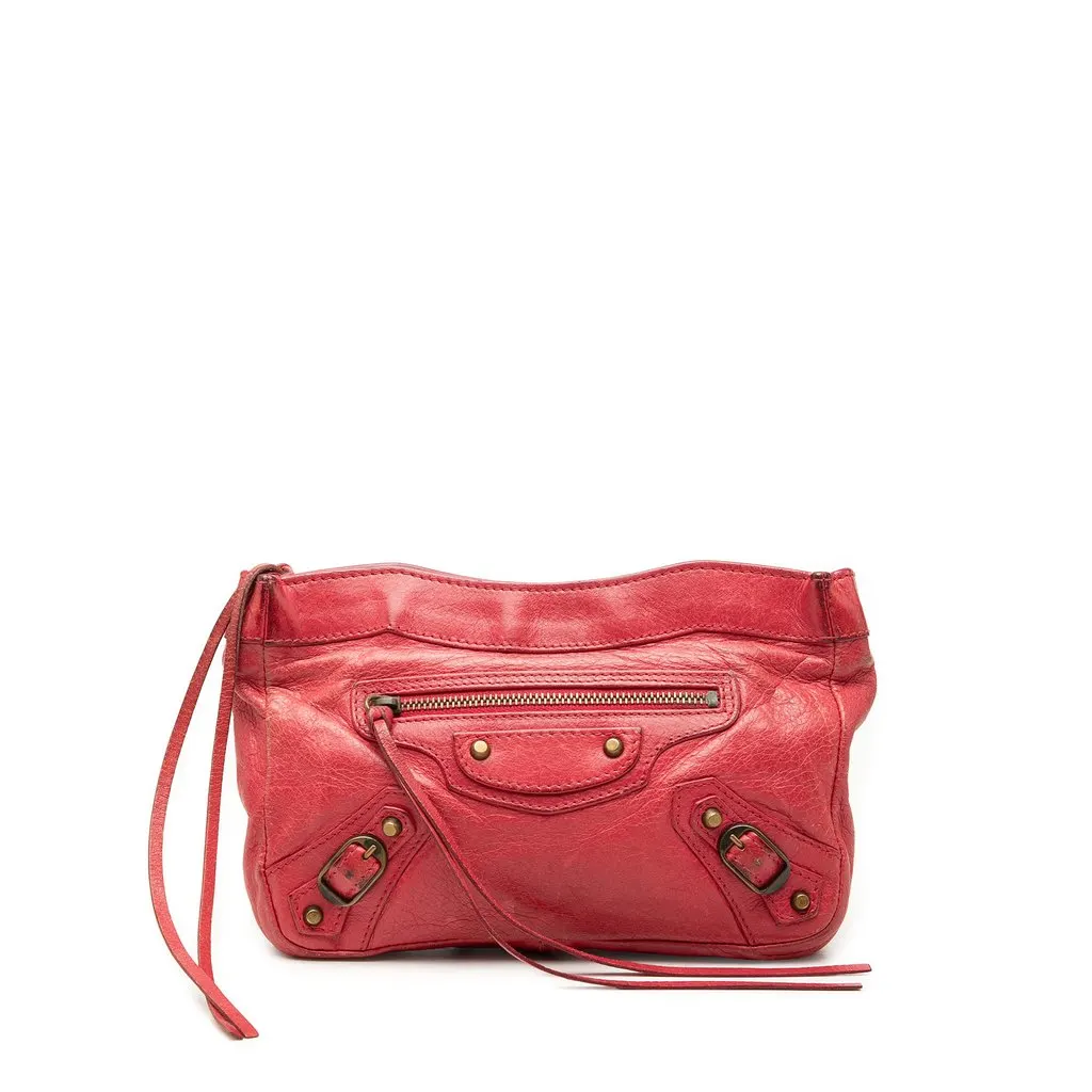 Balenciaga Lambskin Motocross Classic Porte Toilette Makeup Pouch Red Leather Good - Front View