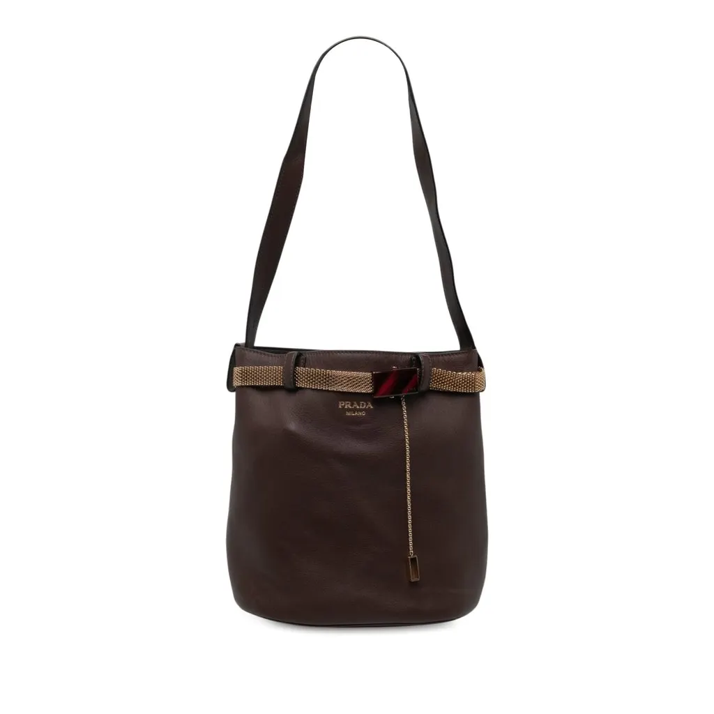 Prada Calfskin Jeweled Belted Bucket Bag Brown Leather Good - Front View