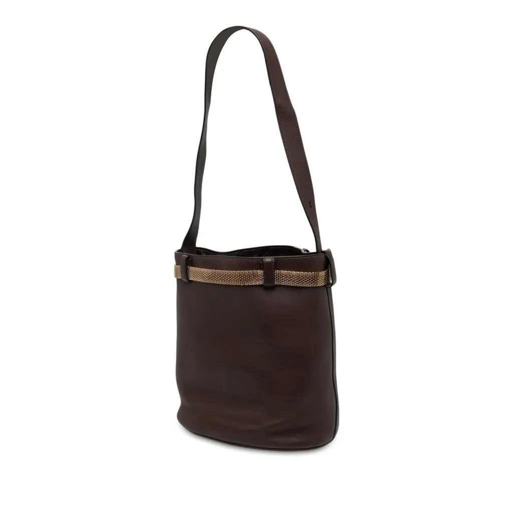 Prada Calfskin Jeweled Belted Bucket Bag Brown Leather Good - Back View