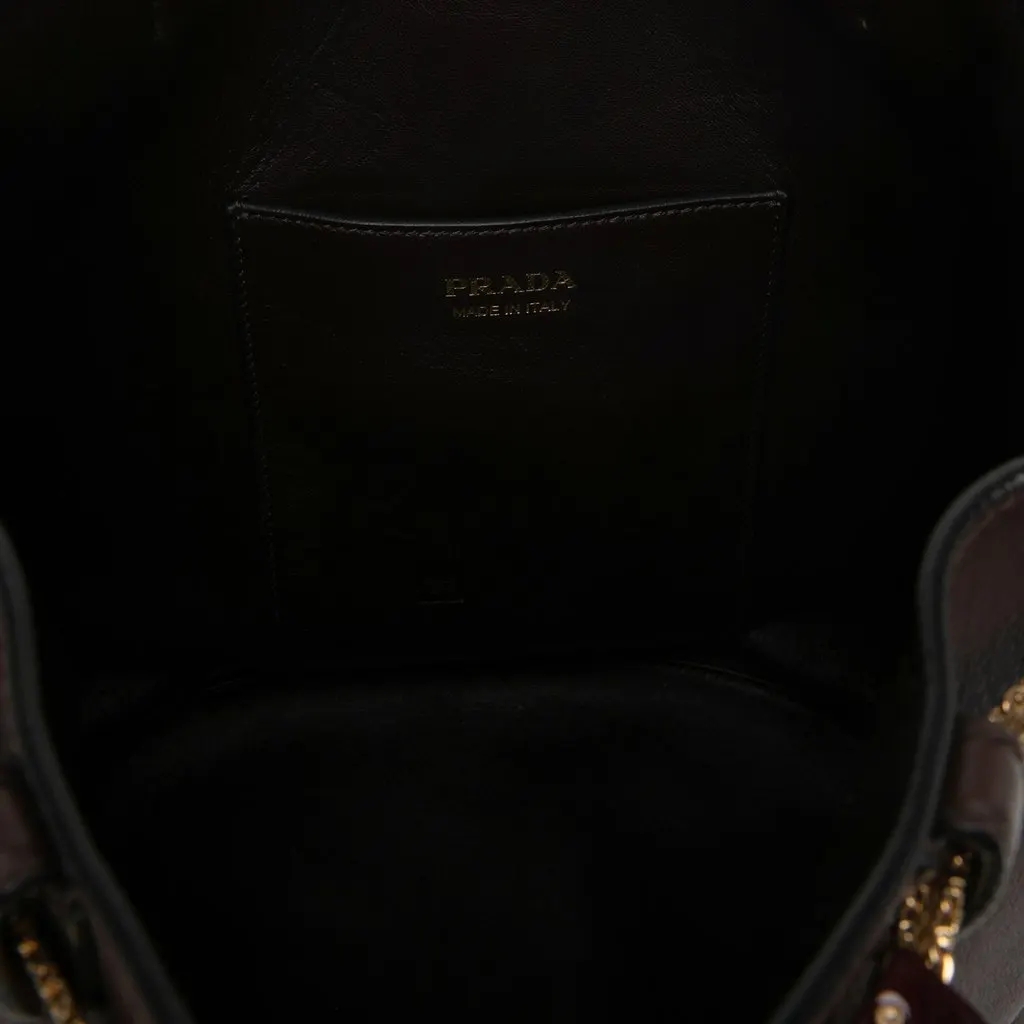 Prada Calfskin Jeweled Belted Bucket Bag Brown Leather Good - Model View