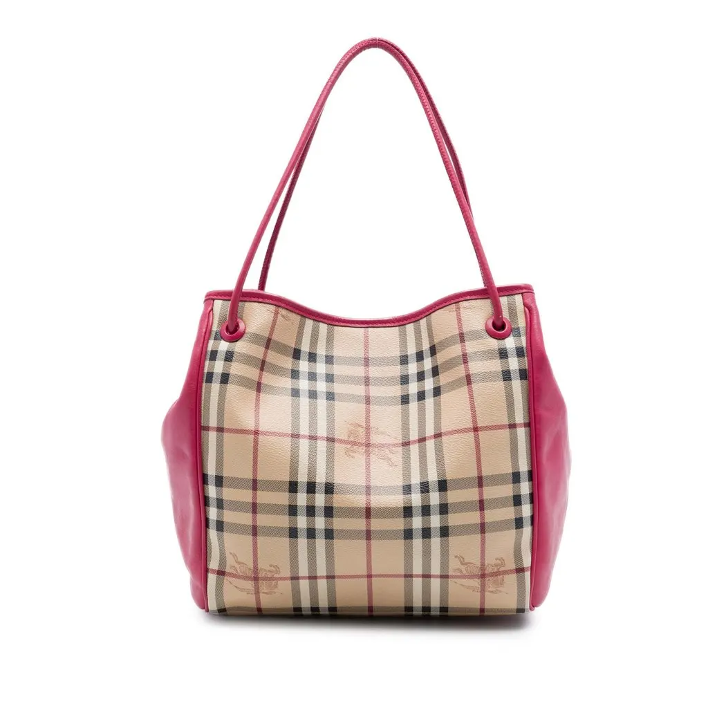 Burberry Small Haymarket Check Coated Canvas and Calfskin Canterbury Tote Beige Canvas Very good - Front View