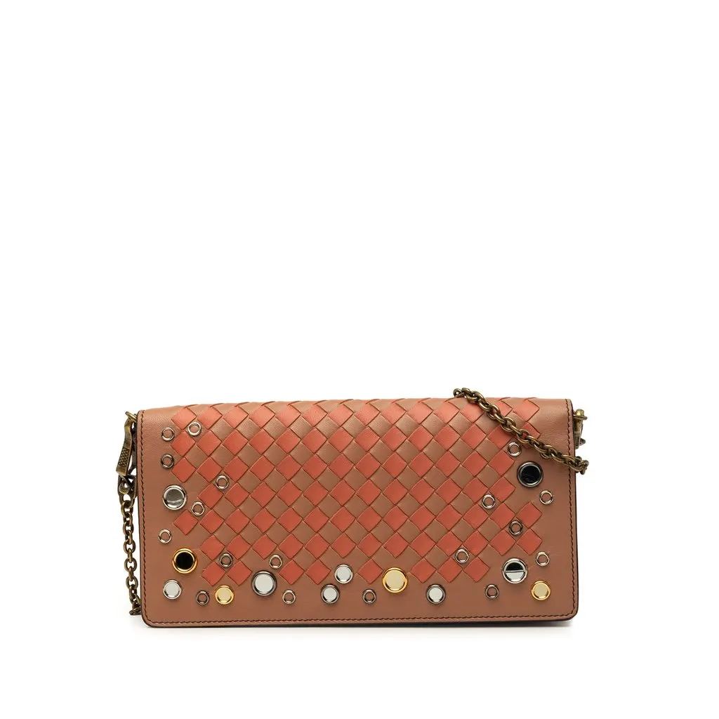 Bottega Veneta Nappa Intrecciato Studded Wallet on Chain Brown Leather Very good - Front View