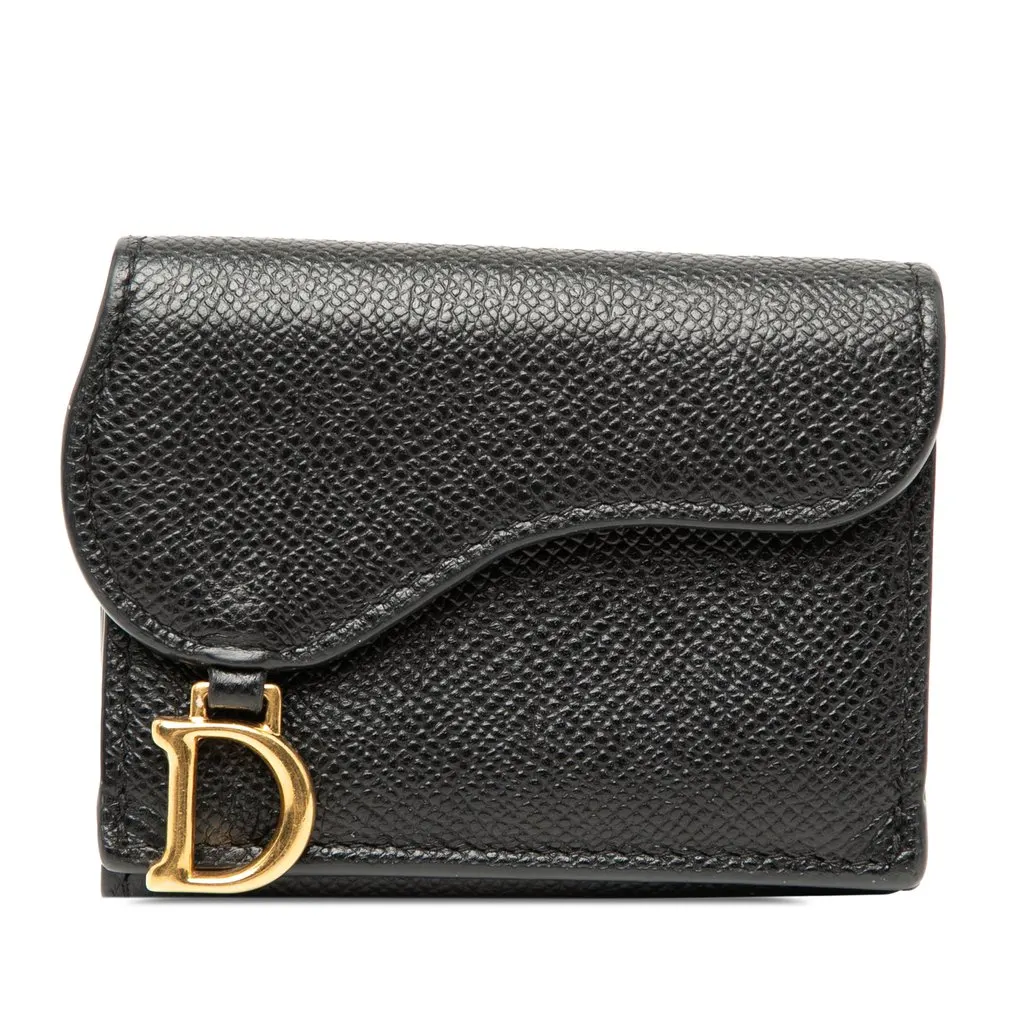 Dior Grained Calfskin Saddle Trifold Wallet Black Leather Very good - Front View