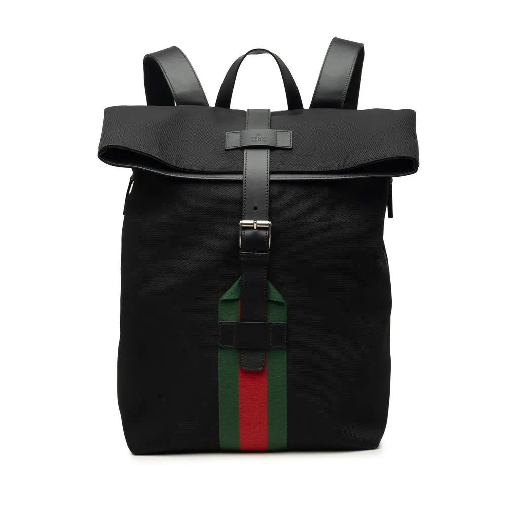 Gucci Canvas Techno Web Fold Over Backpack Black Very good - Front View