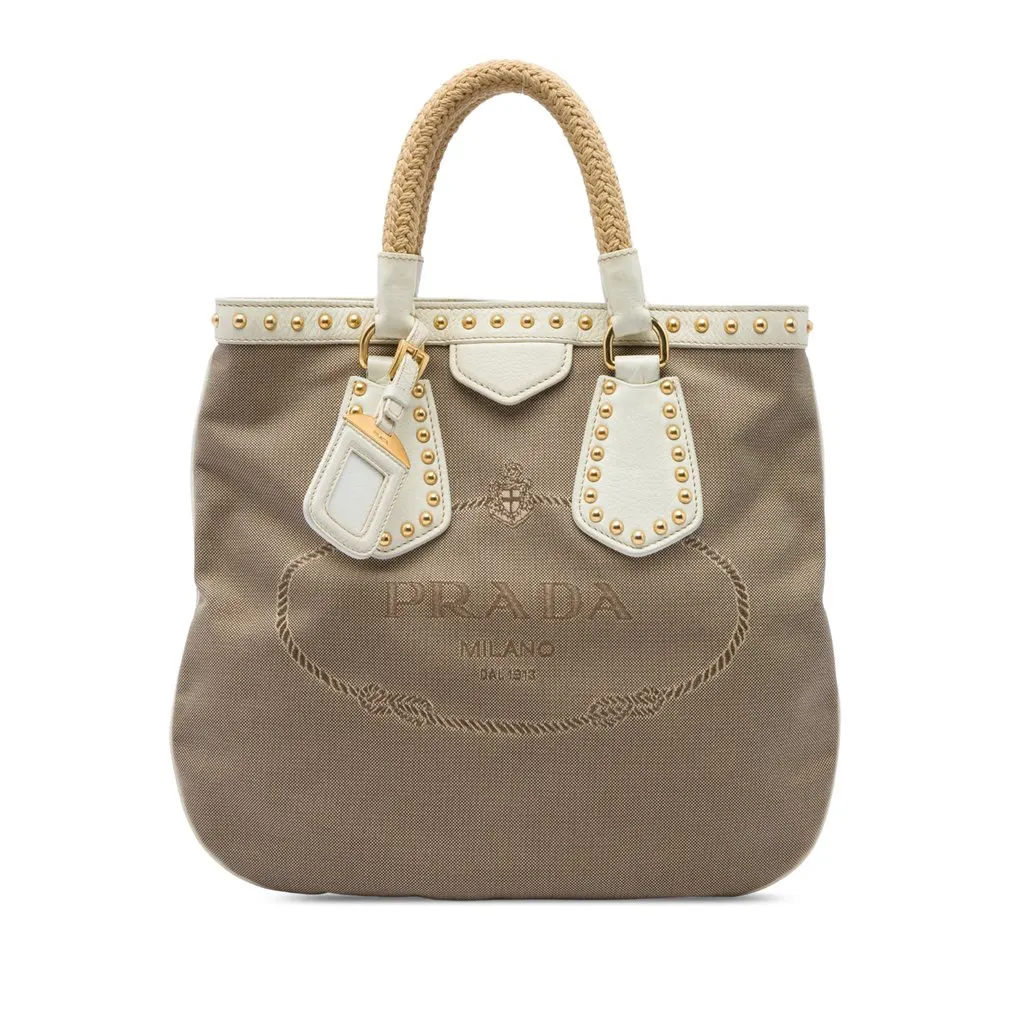 Prada Studded Canvas Canapa Logo Rope Handle Bag Brown Very good - Front View