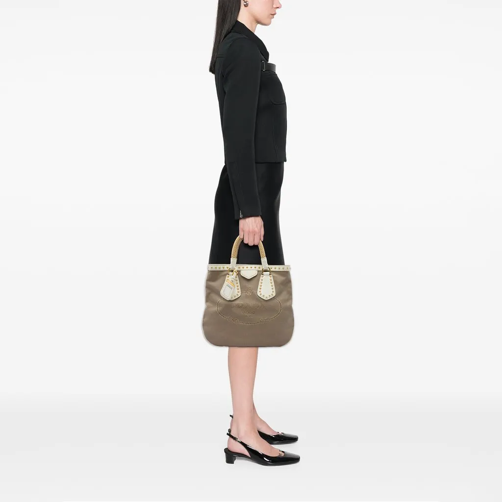 Prada Studded Canvas Canapa Logo Rope Handle Bag Brown Very good - Box View