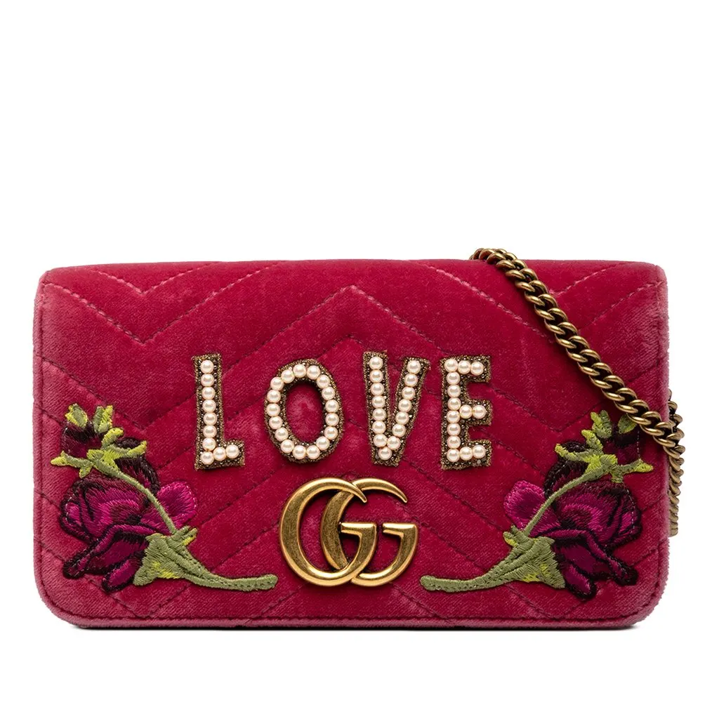 Gucci Mini GG Marmont Embroidered Matelasse Velvet Love Wallet On Chain Pink Velvet Very good - Front View