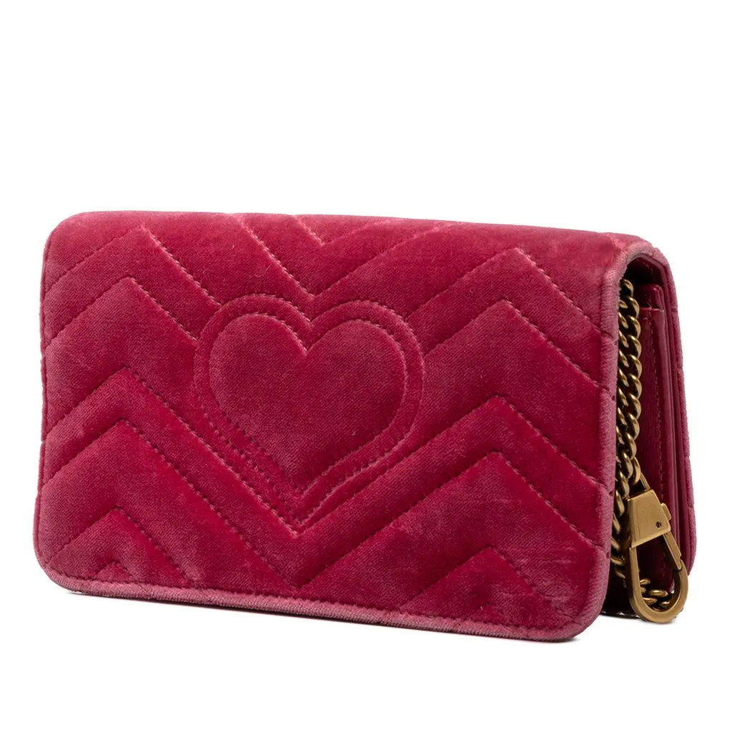 Gucci Mini GG Marmont Embroidered Matelasse Velvet Love Wallet On Chain Pink Velvet Very good - Back View