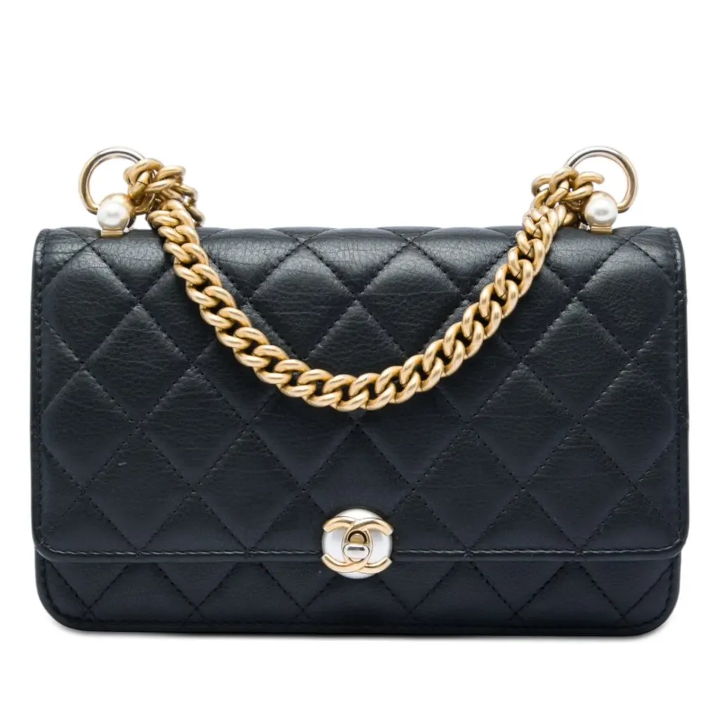 Chanel CC Quilted Lambskin Pearl Wallet on Chain Black Leather Very good - Front View