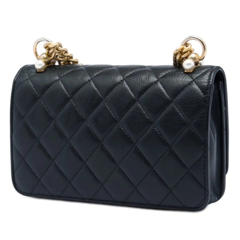 Chanel CC Quilted Lambskin Pearl Wallet on Chain Black Leather Very good - Back View