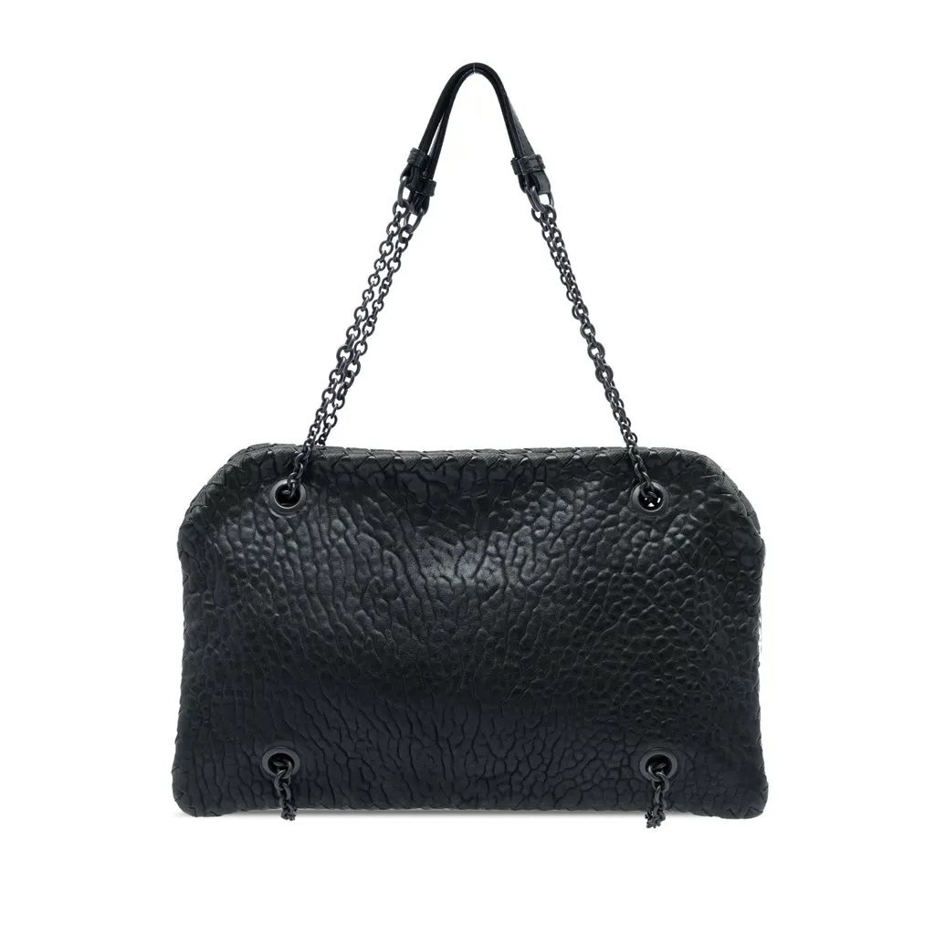 Bottega Veneta Textured Leather Whipstitch Duo Shoulder Bag Black Leather Very good - Front View