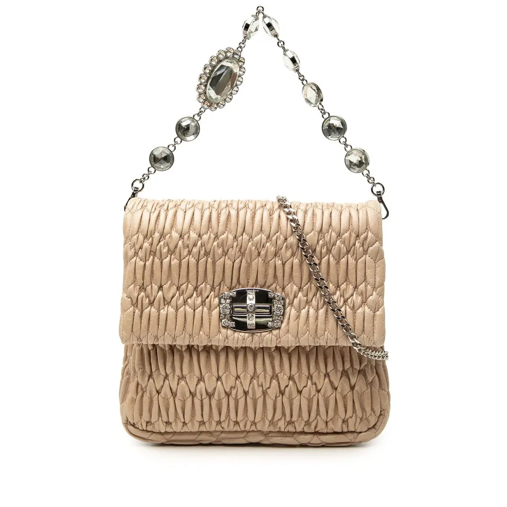 Miu Miu Matelasse Nappa Crystal Chain Satchel Beige Leather Very good - Front View