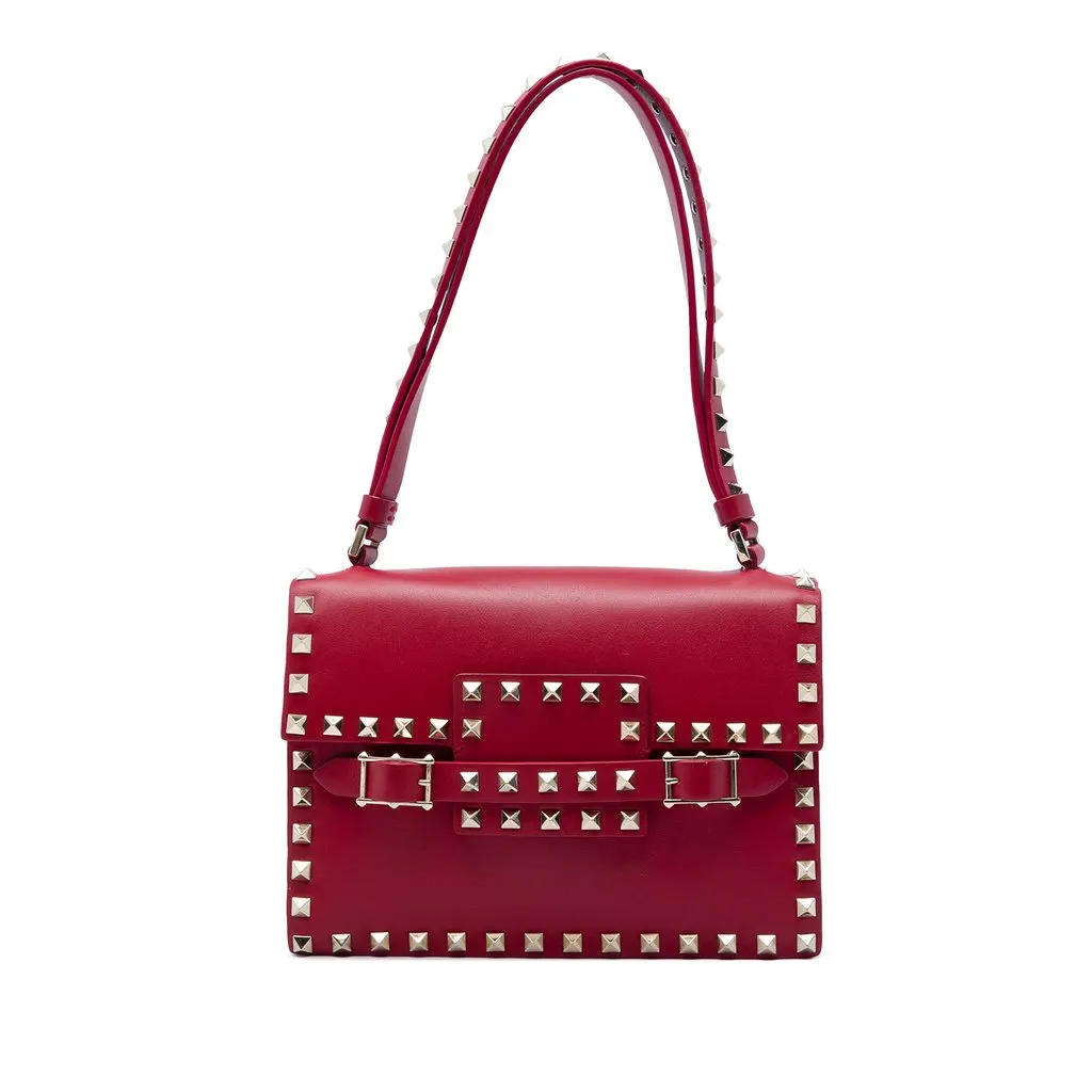 Valentino Leather Rockstud Flap Shoulder Bag Red Leather Good - Front View