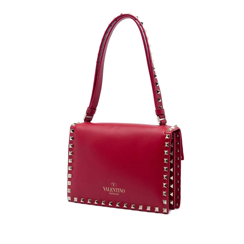 Valentino Leather Rockstud Flap Shoulder Bag Red Leather Good - Back View