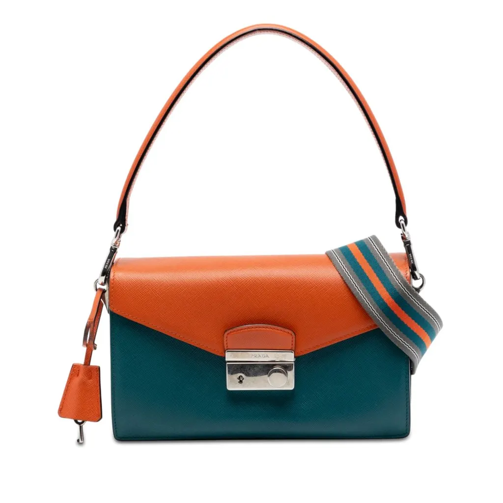 Prada Bicolor Saffiano Lux Sound Lock Satchel Blue Leather Very good - Front View
