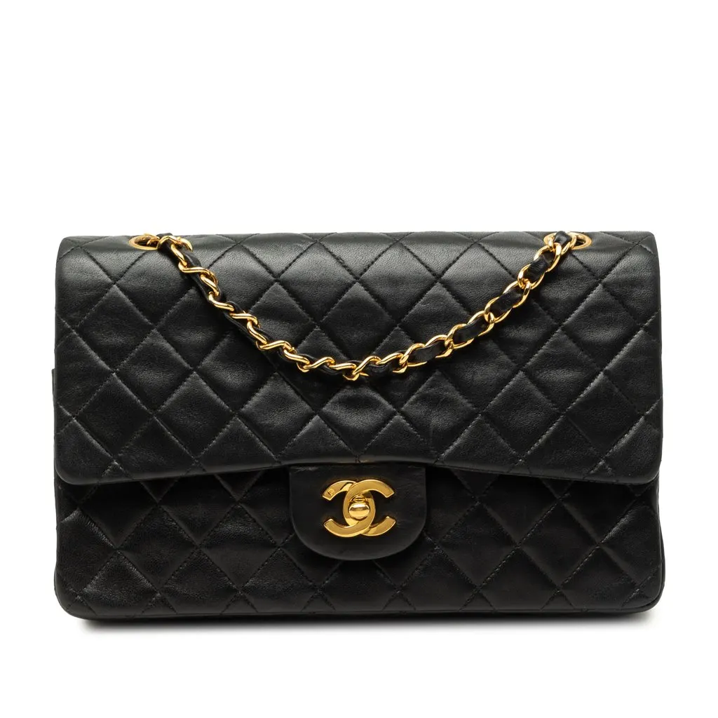 Chanel Medium Classic Lambskin Double Flap Black Leather Very good - Front View