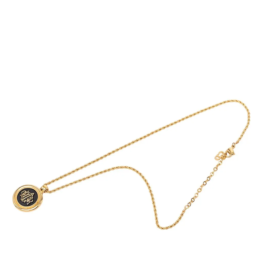 Dior Gold Plated Enamel Logo Round Pendant Necklace Gold Metal Very good - Front View