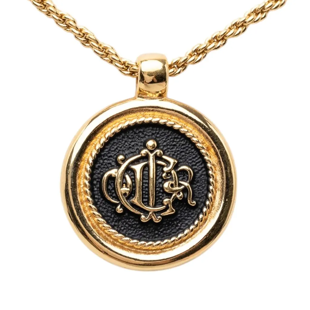 Dior Gold Plated Enamel Logo Round Pendant Necklace Gold Metal Very good - Back View