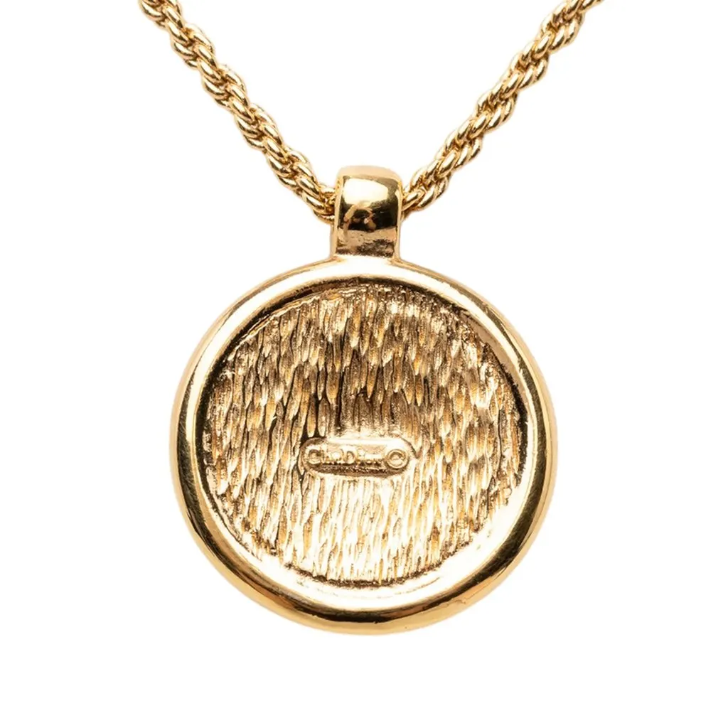 Dior Gold Plated Enamel Logo Round Pendant Necklace Gold Metal Very good - Inside View