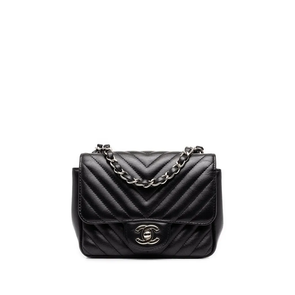 Chanel Mini Square Classic Chevron Lambskin Single Flap Black Leather Very good - Front View