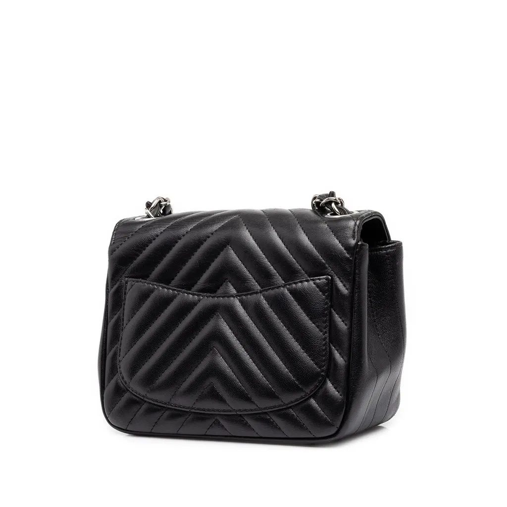 Chanel Mini Square Classic Chevron Lambskin Single Flap Black Leather Very good - Back View
